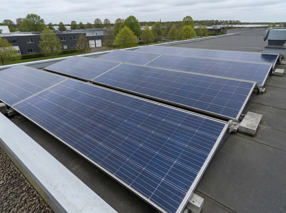Zonnepanelen op een bedrijfsdak – na reiniging